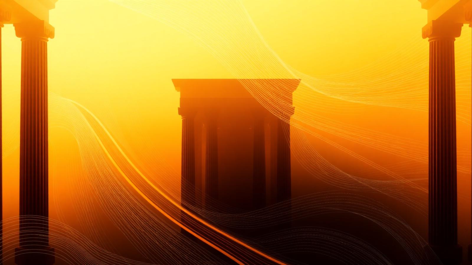 Abstract silhouette of classical columns dissolving into flowing lines of data.