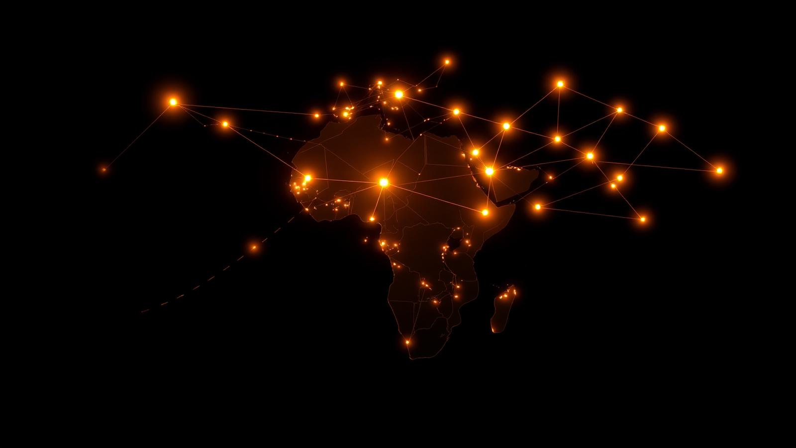 Abstract map of Africa formed by glowing connection lines representing a B2B trade network.